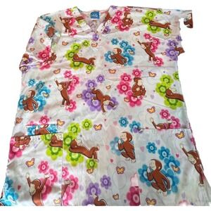 Scrub HQ Curious George Monkey Floral V-Neck Short Sleeve Scrub Top Medium China